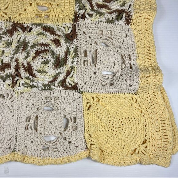 Handmade Crochet COTTON Afghan Cottage Yellow Off-White Multi Cabin 49" x 76" - Picture 2 of 8